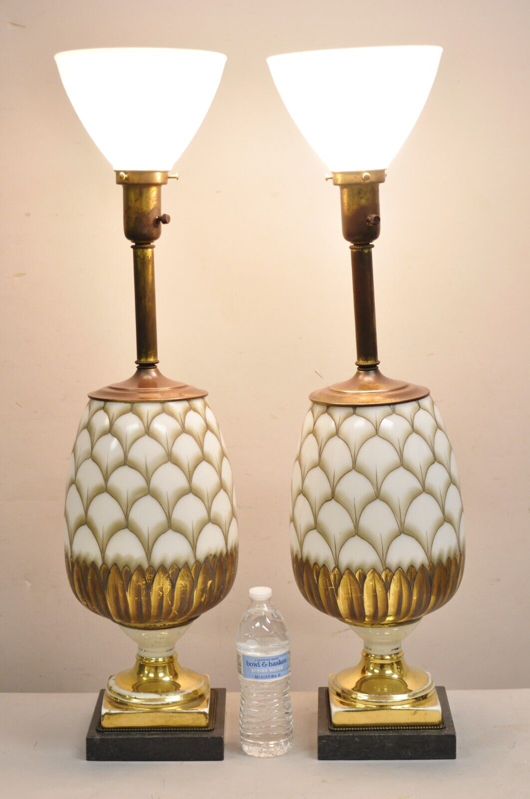 Vintage Italian Hollywood Regency Hand Painted Glass Pineapple Table Lamp - Pair