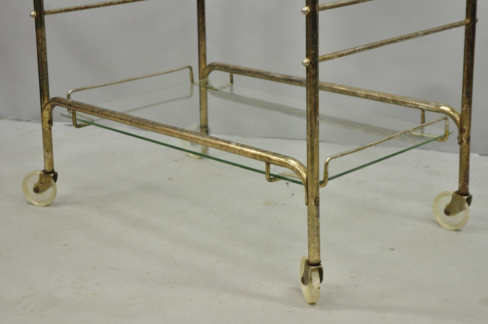 Vintage Mid Century Modern Metal 2 Tier Glass Shelf Rolling Liquor Bar Cart