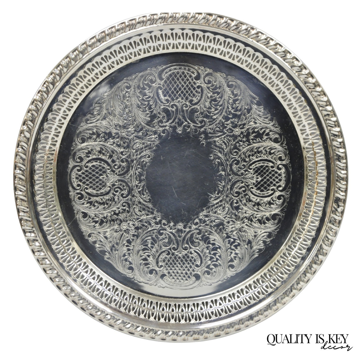 Vintage Leonard Silver Plated Pierced Gallery 12" Round Serving Platter Tray