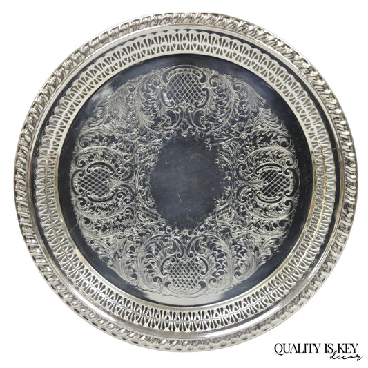 Vintage Leonard Silver Plated Pierced Gallery 12" Round Serving Platter Tray