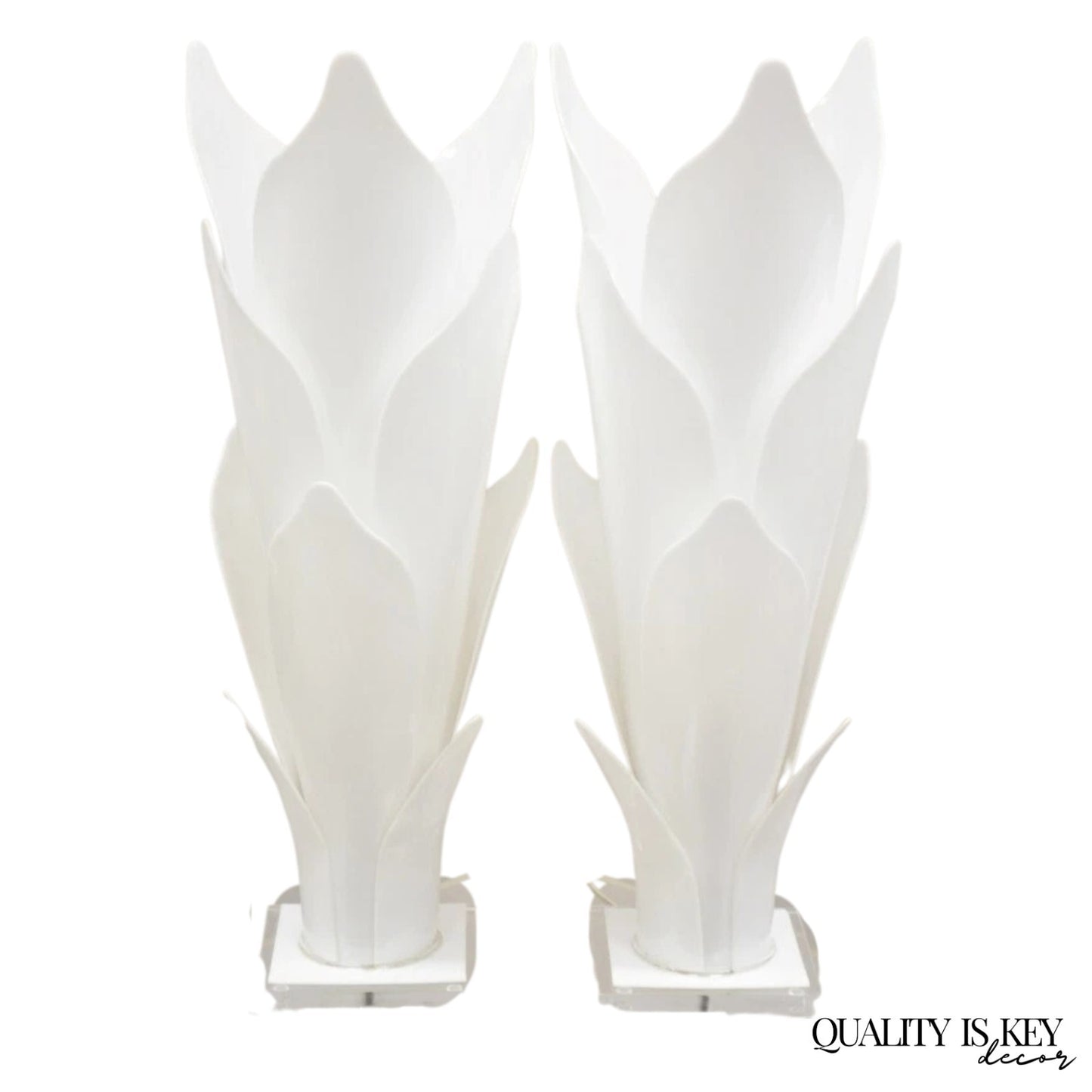 Rougier White Acrylic Lucite Tulip Flower Leaf Mid Century Table Lamps - a Pair
