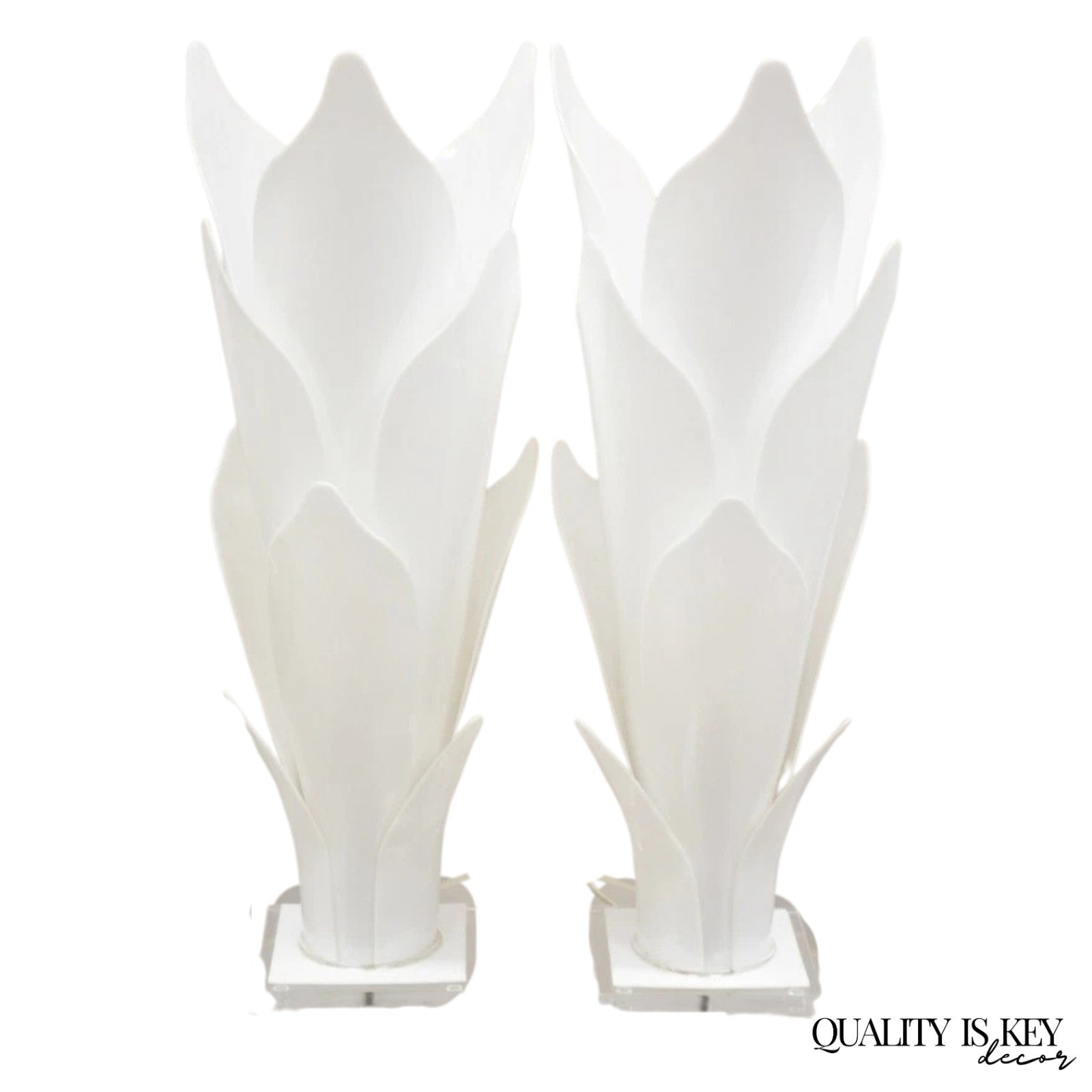 Rougier White Acrylic Lucite Tulip Flower Leaf Mid Century Table Lamps - a Pair