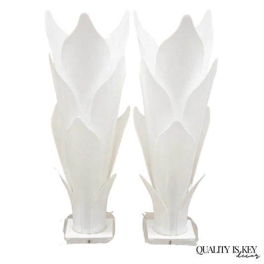 Rougier White Acrylic Lucite Tulip Flower Leaf Mid Century Table Lamps - a Pair