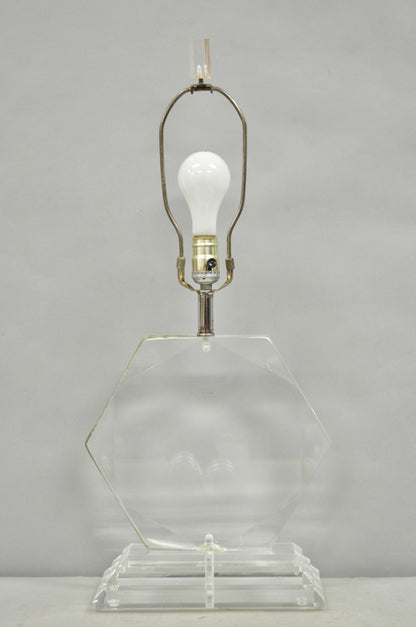 Vintage Mid Century Modern Faceted Hexagon Diamond Clear Lucite Table Lamp