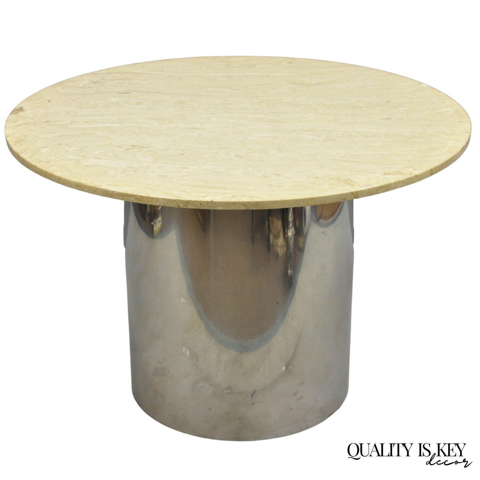 Vintage Mid Century Modern Round Travertine Chrome Steel Pedestal Dining Table