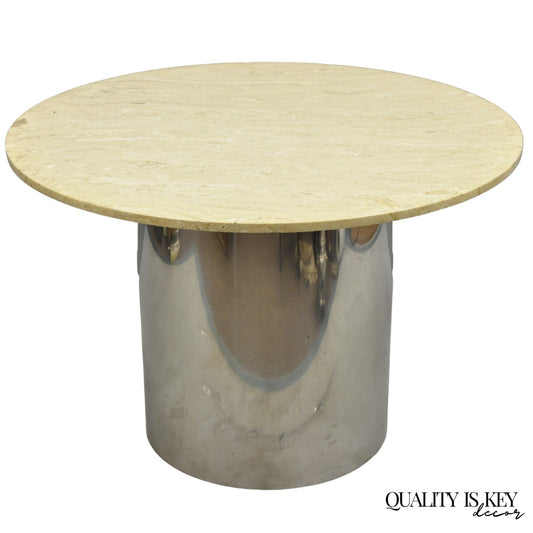 Vintage Mid Century Modern Round Travertine Chrome Steel Pedestal Dining Table