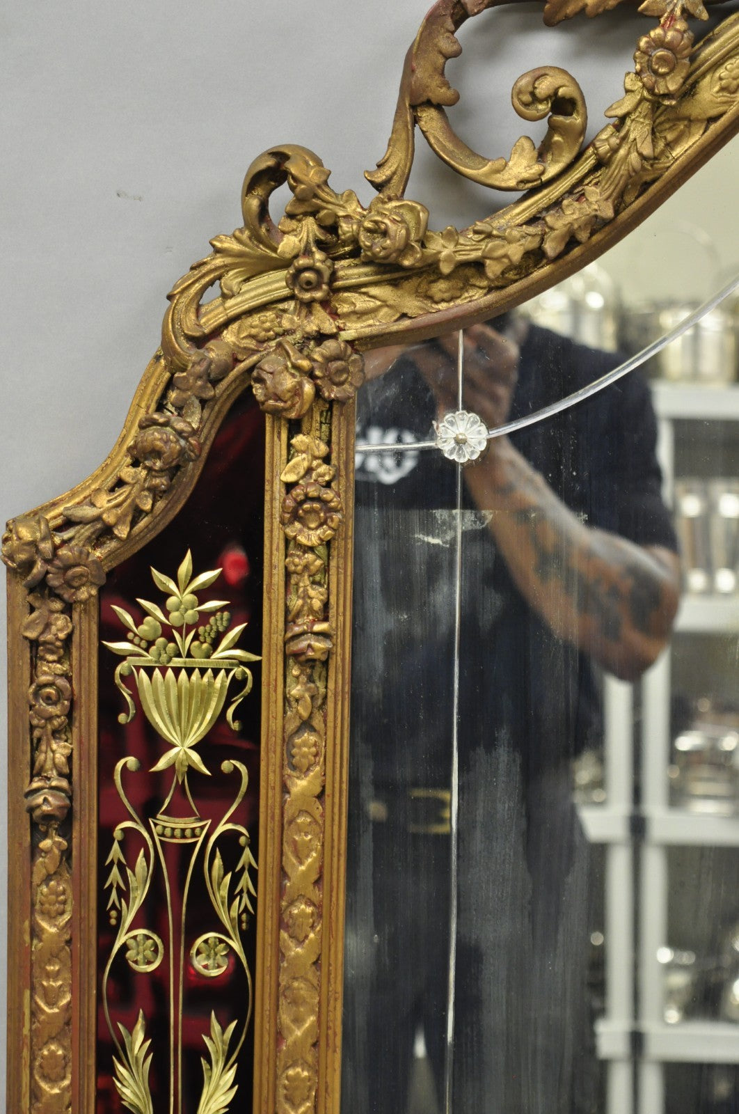Antique French Neoclassical Baroque Gold Gilt Gesso Red Glass Frame Wall Mirror