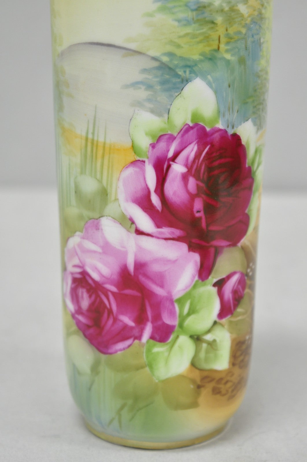 Antique Nippon Hand Painted Pink Rose & Lake Scene Small Porcelain Cylinder Vase