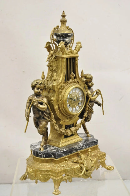 Vintage French Louis XV Style Brevettato Italy Brass & Marble Figural Clock Set