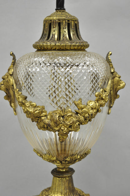 Antique French Neoclassical Bronze Lion Ormolu Diamond Cut Glass Urn Table Lamp