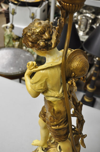 Vintage French L&F Moreau Figural Gold Painted Metal Boy Torchiere Table Lamp