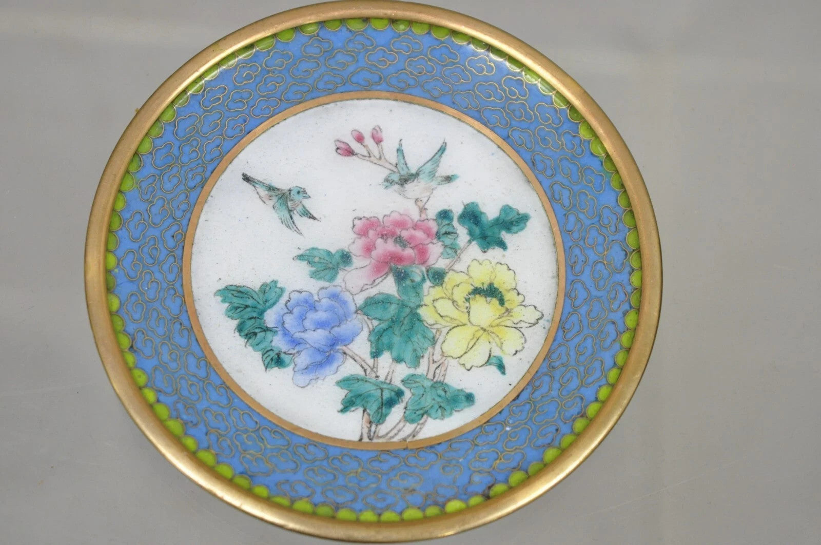 Vintage Chinoiserie Brass Enamel Cloisonne Small Trinket Dish - Set of 4