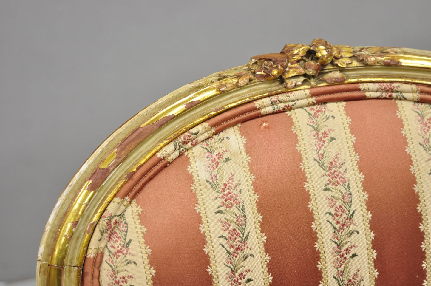 Antique French Louis XV Style Gold Giltwood Pink Stripe Fauteuil Arm Chair, Pair