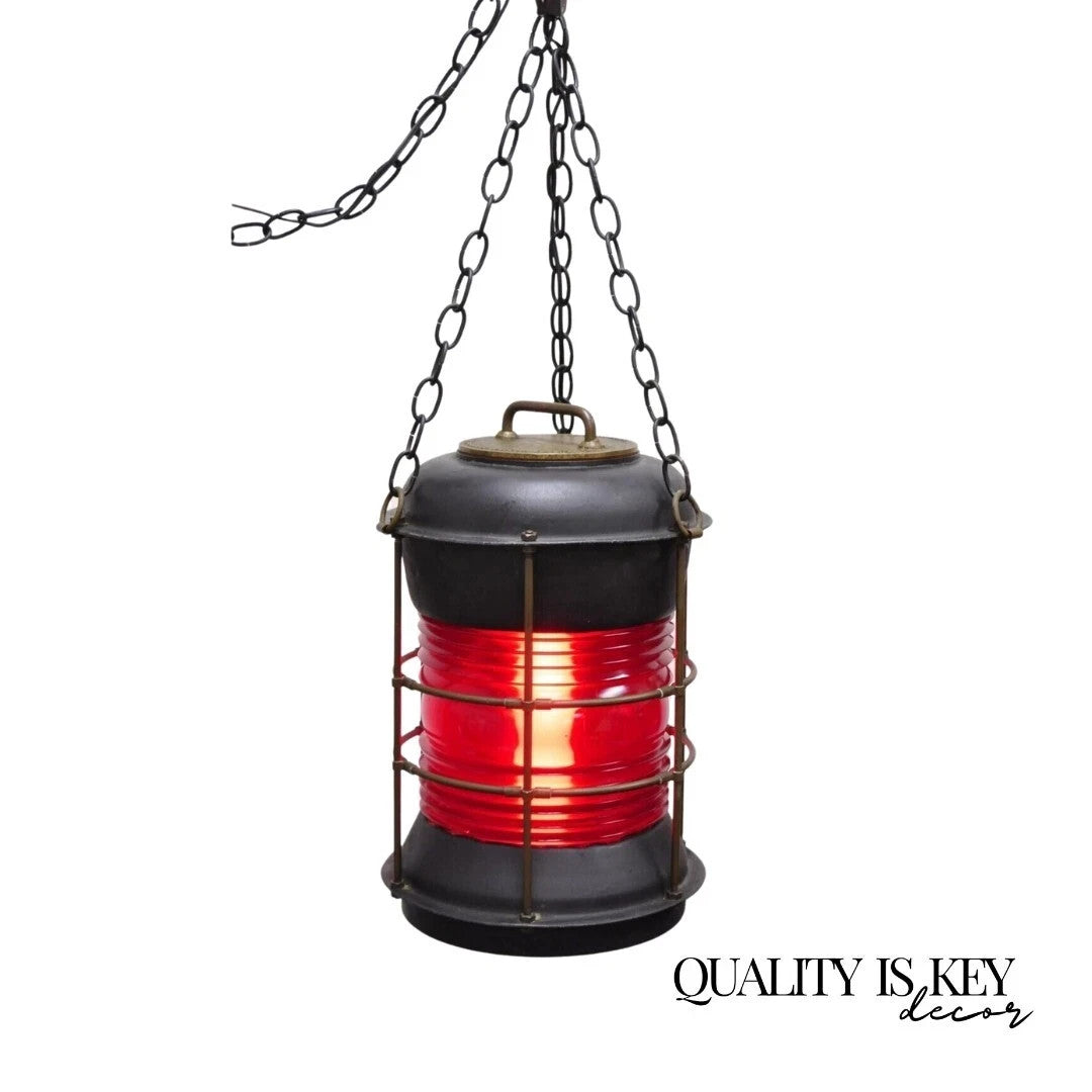 Antique Durkee Marine Ship Lantern Fixture Red Fresnel Pendant Chandelier (A)