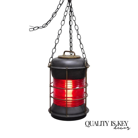 Antique Durkee Marine Ship Lantern Fixture Red Fresnel Pendant Chandelier (A)