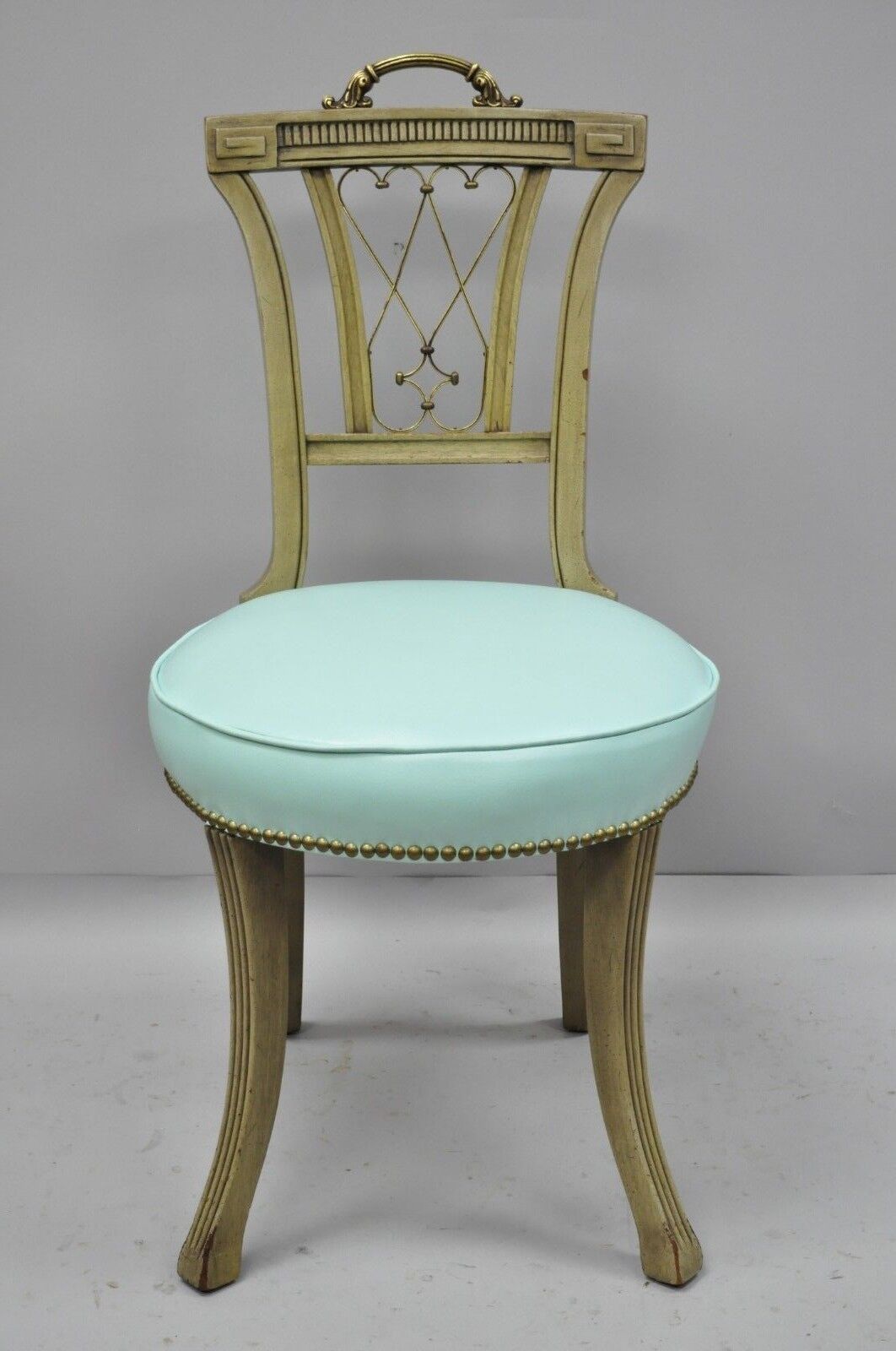 Pair of Carved Mahogany French Regency Style Chairs w/ Brass Handle & Aqua Vinyl