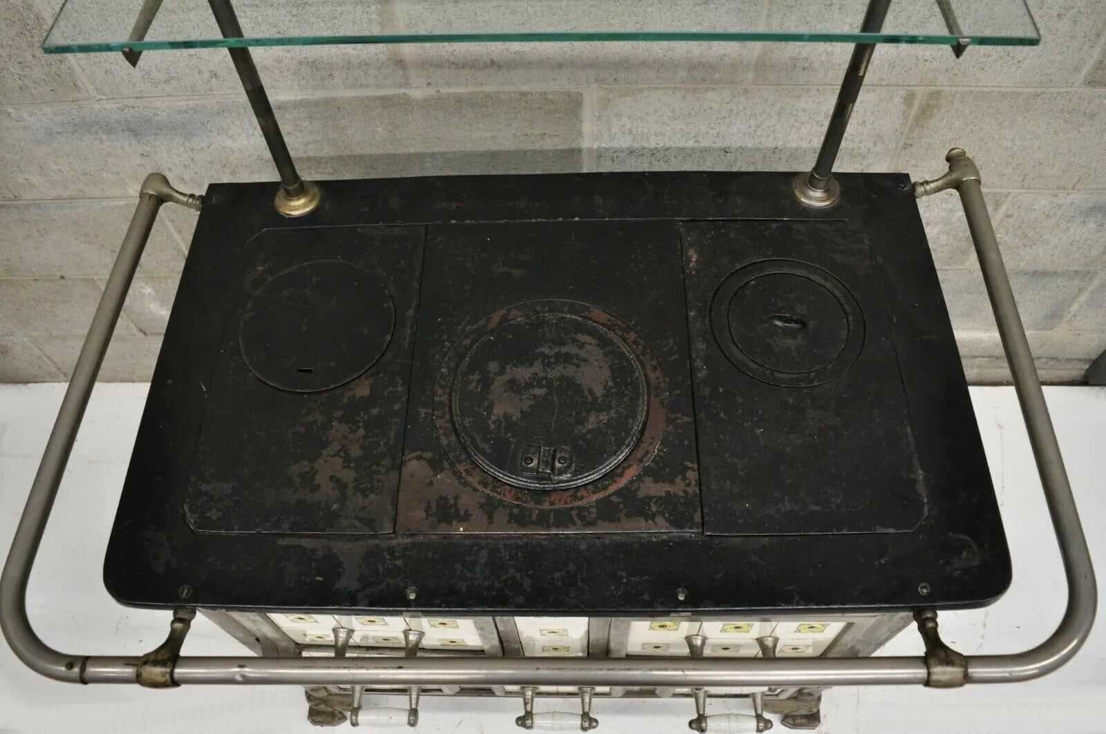 European French or Belgium Cast Iron Art Nouveau Tile Wood Coal Burning Stove