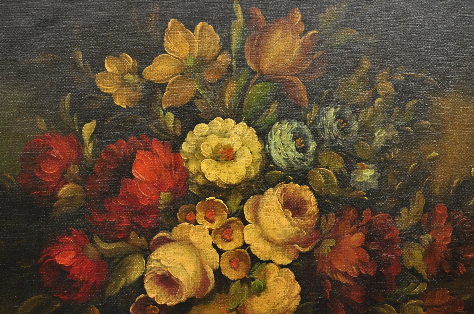Vintage Victorian Flower Bouquet Still Life Painting Oil on Canvas Signed Romen