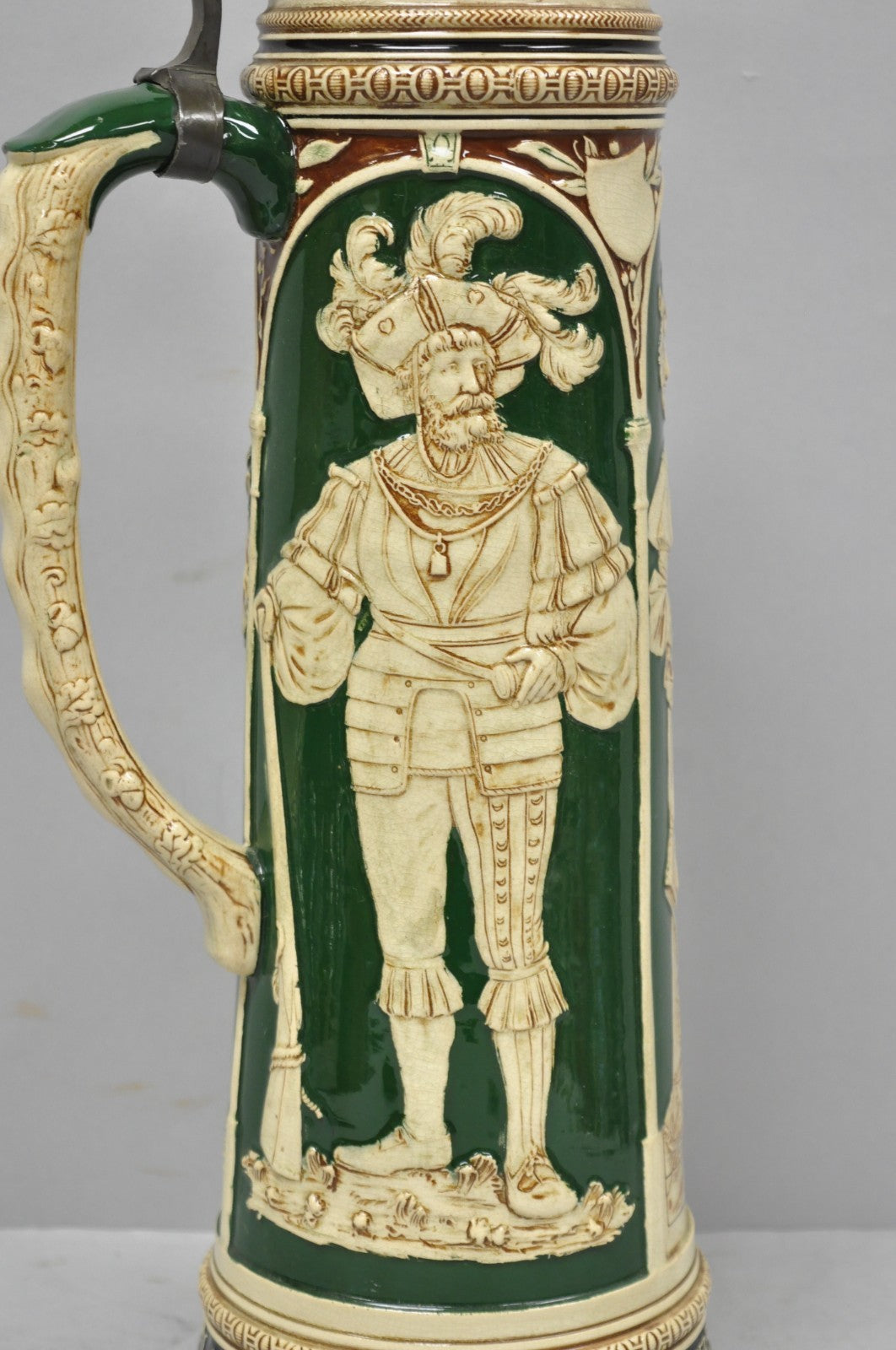 Antique German XL 20" Tall Figural Green Stoneware Beer Stein Tankard Mug w/ Lid