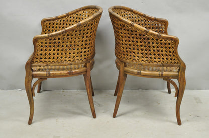 Vintage Hollywood Regency Faux Bamboo Wood & Cane Barrel Back Lounge Chair, Pair