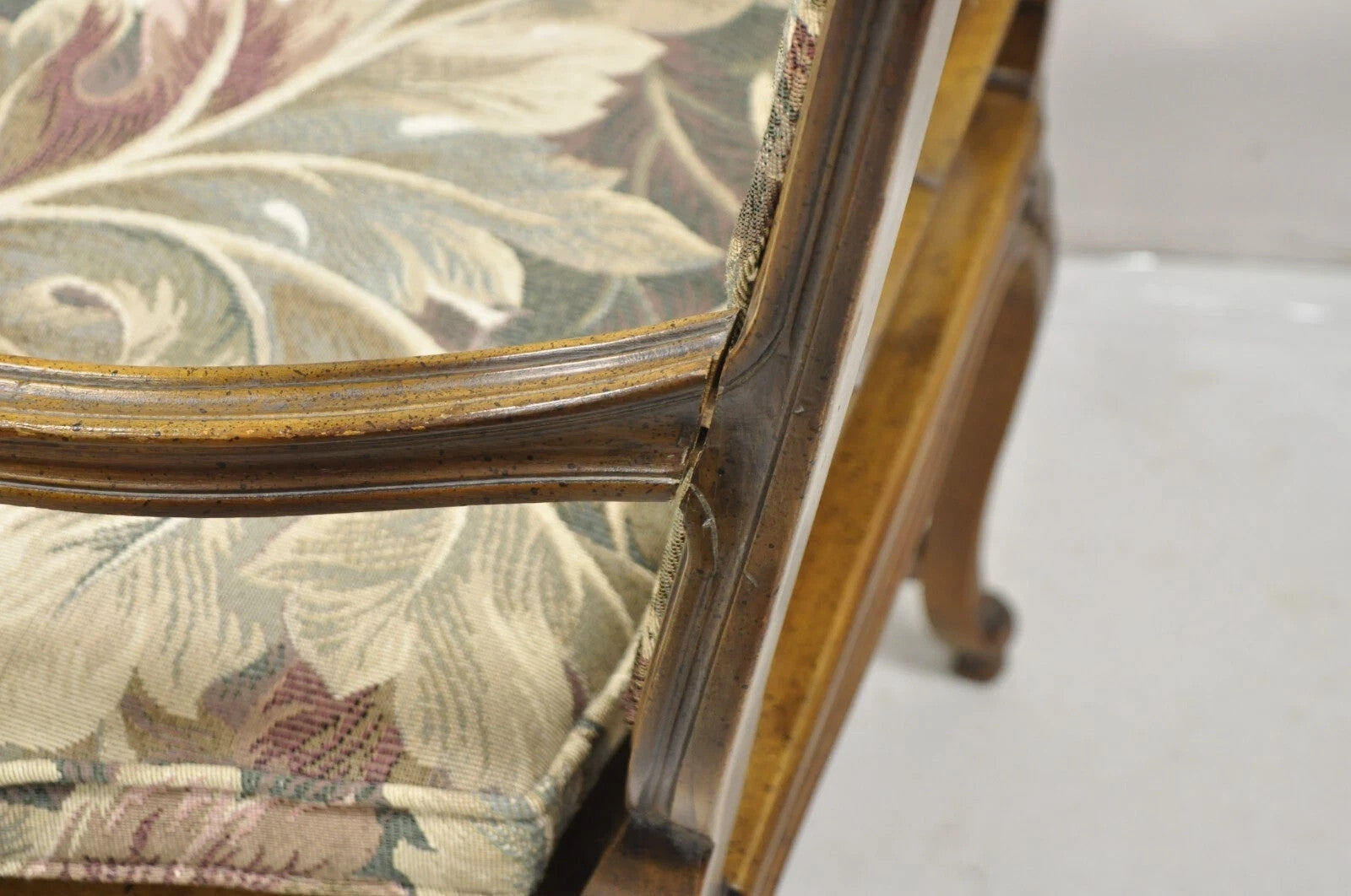 Vintage French Country Louis XV Style Upholstered Cane Lounge Arm Chairs - Pair