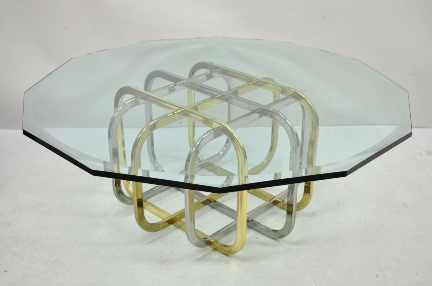Mid Century Modern Pierre Cardin Style Brass & Chrome Glass Top Coffee Table