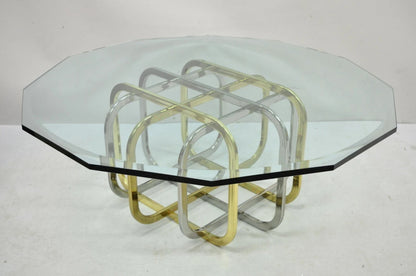 Mid Century Modern Pierre Cardin Style Brass & Chrome Glass Top Coffee Table