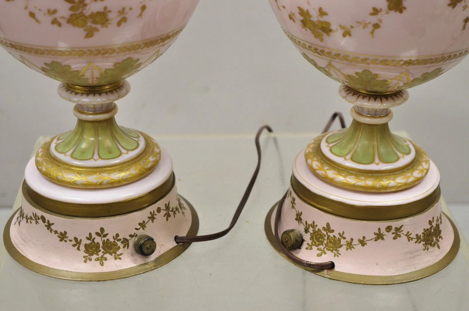 Antique French Louis XV Pink Porcelain Gold Painted Bulbous Table Lamps - a Pair