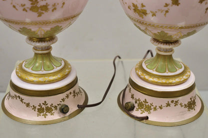 Antique French Louis XV Pink Porcelain Gold Painted Bulbous Table Lamps - a Pair