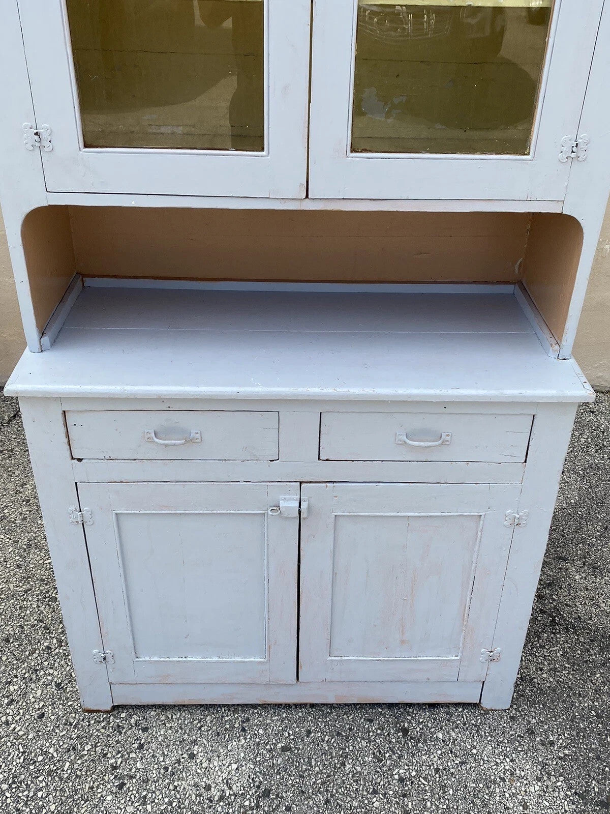 Antique French Country Farmhouse White 2 Piece Step Back Hutch Kitchen Cupboard