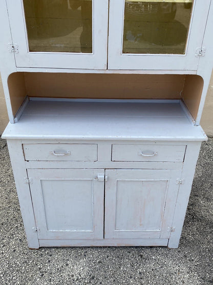 Antique French Country Farmhouse White 2 Piece Step Back Hutch Kitchen Cupboard