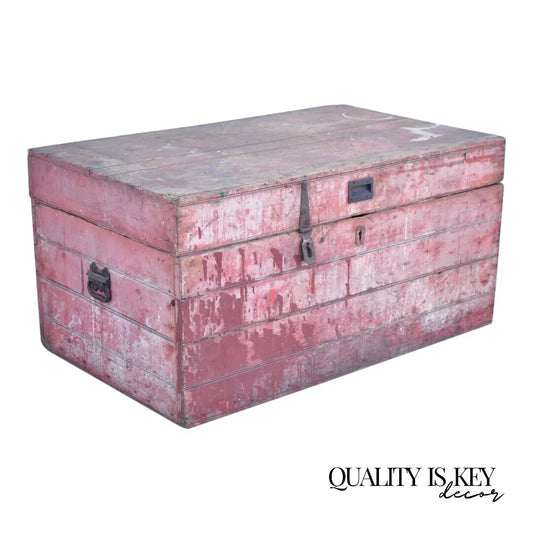 Antique Primitive Country Red Distress Painted Wood Treasure Blanket Chest Trunk