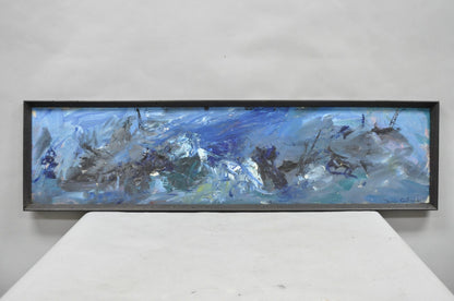 Vintage Mid Century Modern Blue Abstract Acrylic on Board Painting Artist Signed