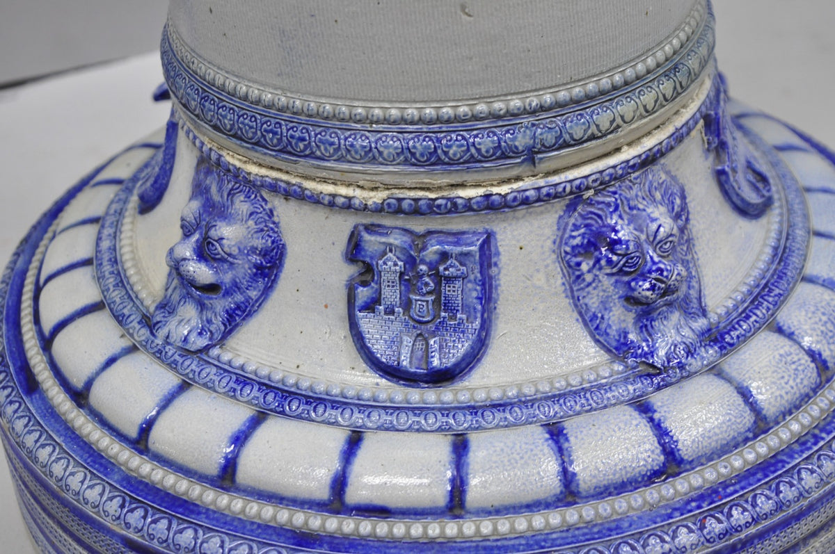 Antique German Westerwald Salt Glaze Stoneware Cobalt Blue Jardiniere & Pedestal
