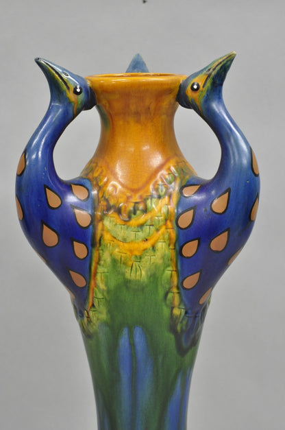 Vintage Art Nouveau Majolica Style Glazed Ceramic Pottery Peacock Bird Vase