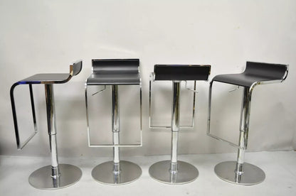 Modern Chrome and Steel Black Leather Adjustable Swivel Bar Stools - Set of 4