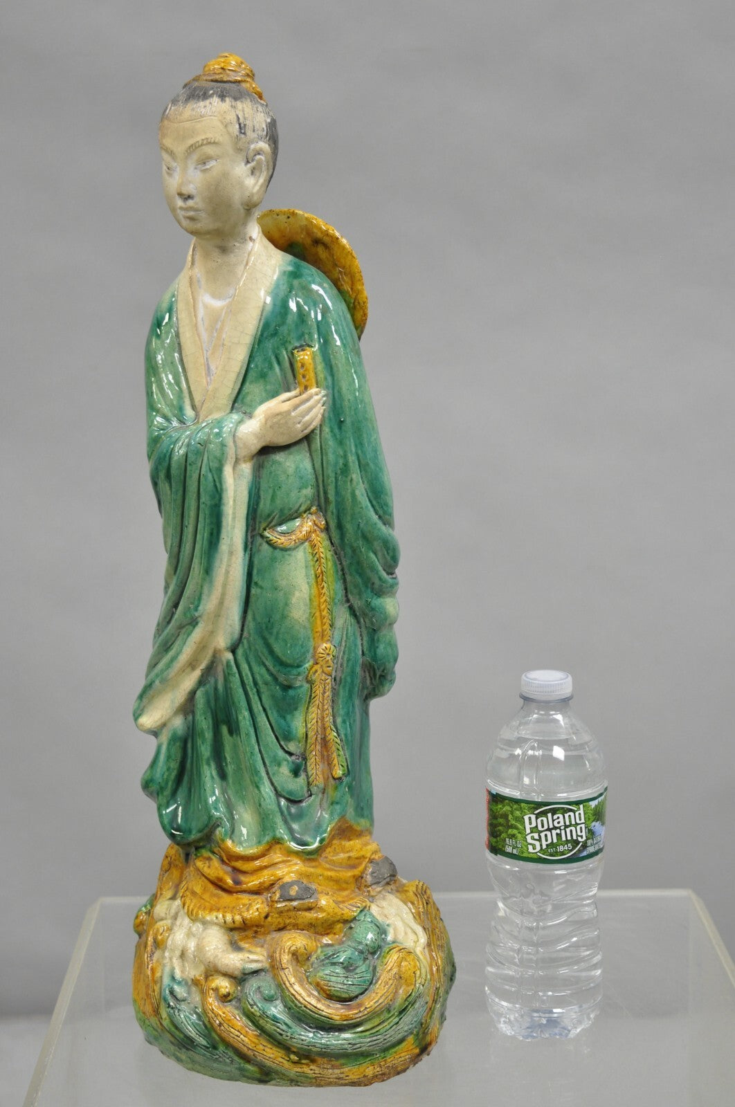 Antique Chinese Green Sancai Glazed Pottery 21" Guanyin Sculpture Figure