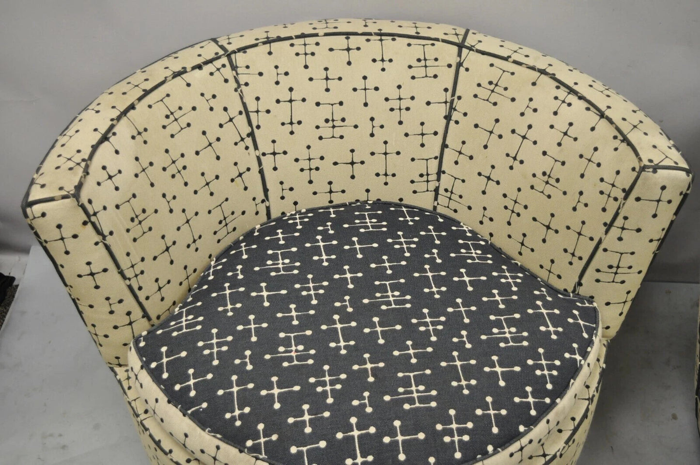 Vintage Mid Century Modern Round Upholstered Oversized Club Lounge Chairs - Pair