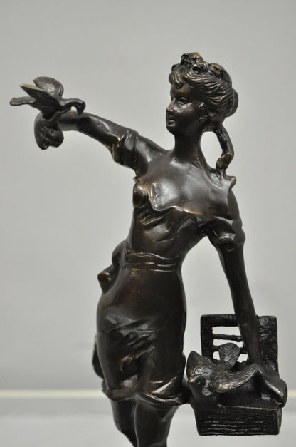 Bronze Sculpture Woman w/ Birds & Basket 15" Statue Figure After Emile Guillemin