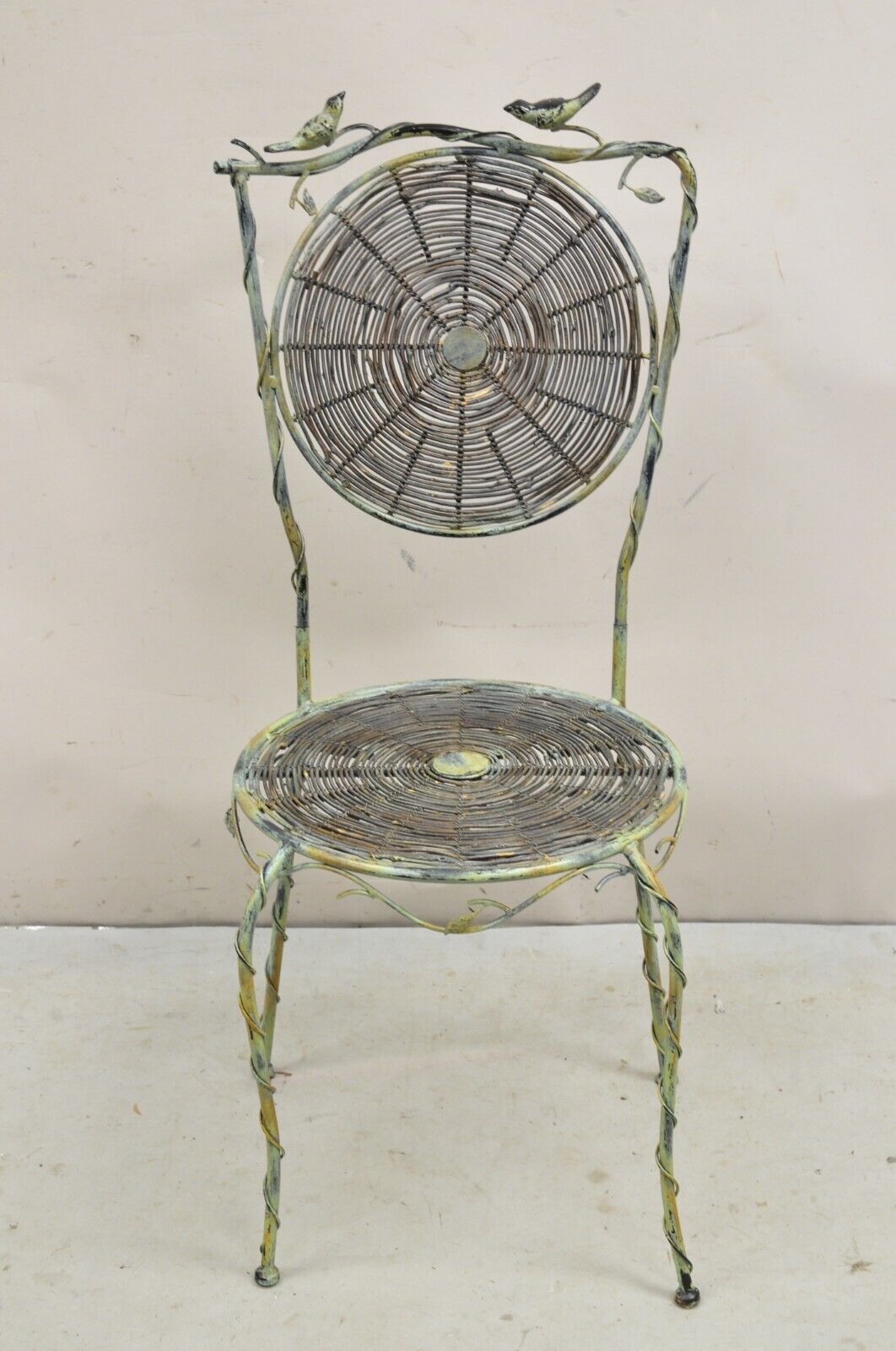 French Country Style Iron and Wood Reed Green Bistro Side Chair with Birds