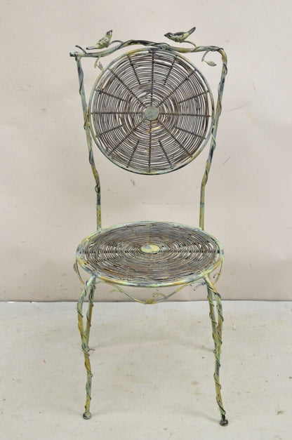 French Country Style Iron and Wood Reed Green Bistro Side Chair with Birds