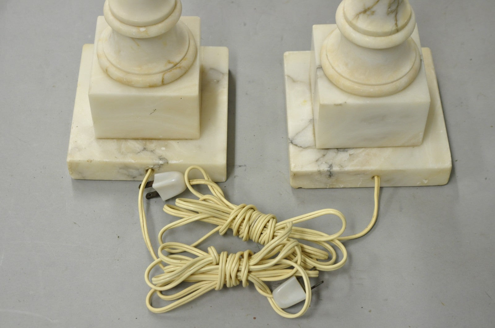 Antique French Empire Carved Italian White Marble Victorian Table Lamps - a Pair