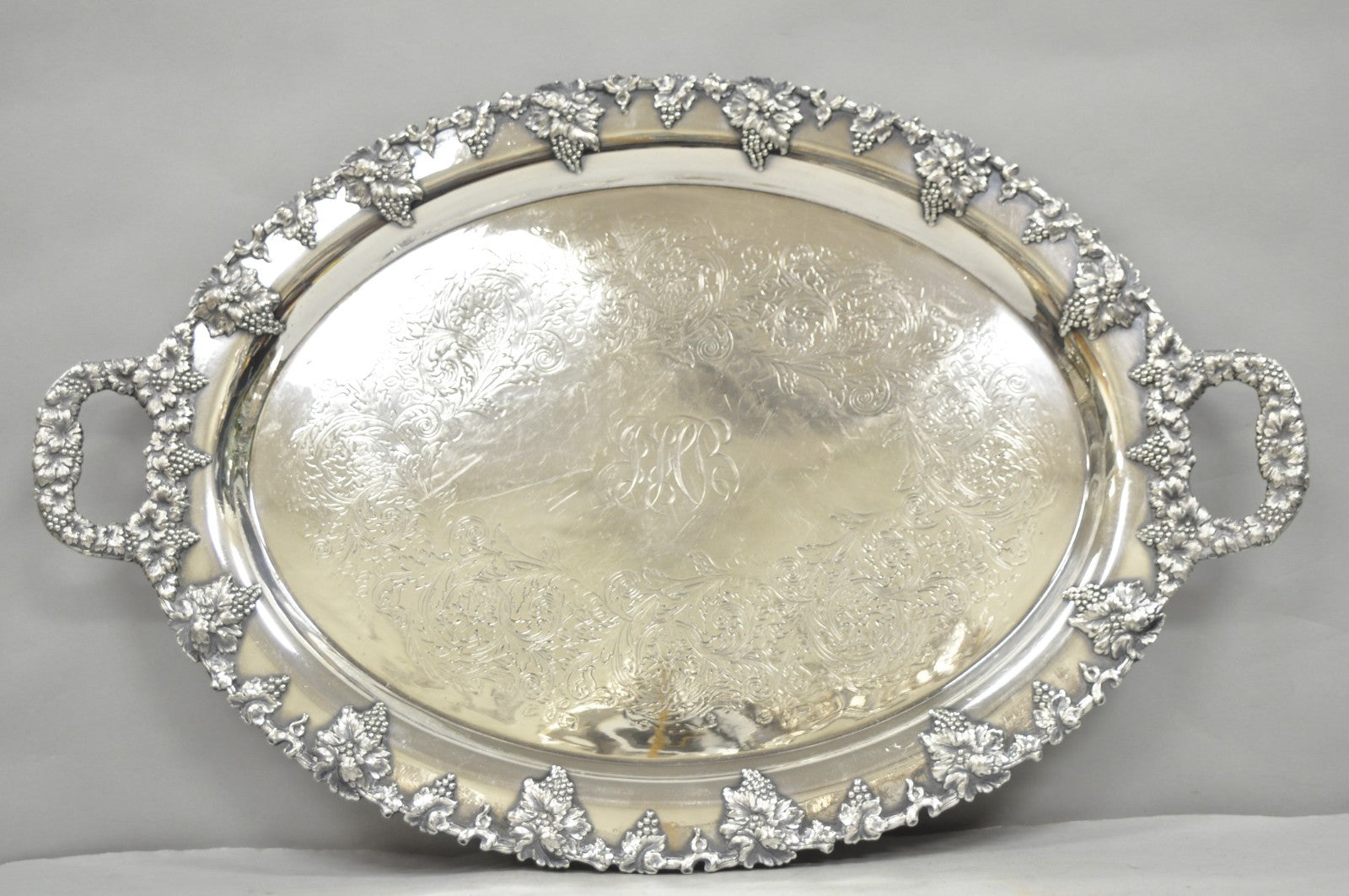 Antique English Victorian Silver Plated Grapevine Oval Bar Tray w/ Monogram