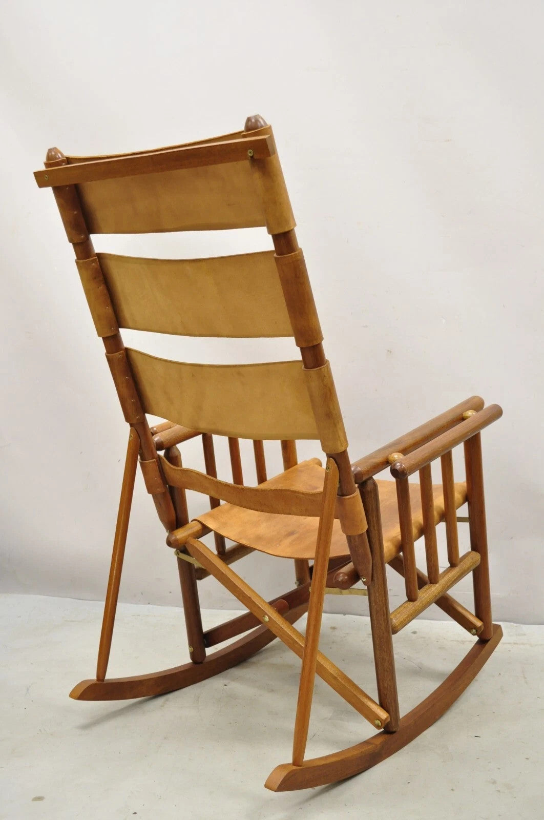 Costa Rican Campaign Style Teak Brown Leather Folding Rocker Rocking Chair