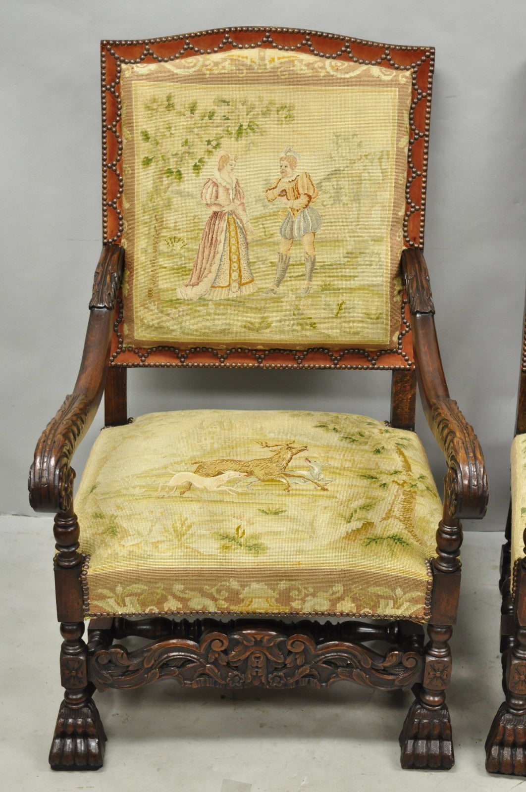 Antique French Louis XIV Style Needlepoint Tapestry Carved Walnut Arm Chair Pair