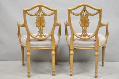 Hepplewhite Prince of Wales Drape Carved Shield Back Dining Arm Chairs - a Pair