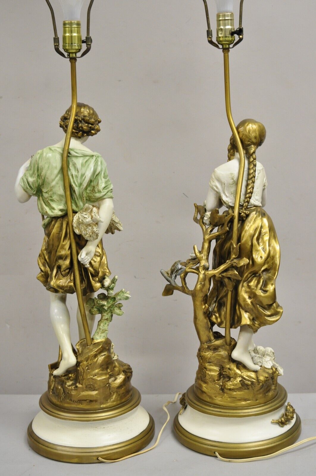 Vintage French Renaissance Moreau Metal Boy and Girl Figural Table Lamp - a Pair