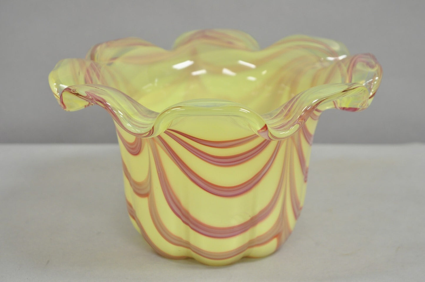 Vintage Murano Italy Hand Blown Glass Yellow Swirl Handkerchief Vase Bowl