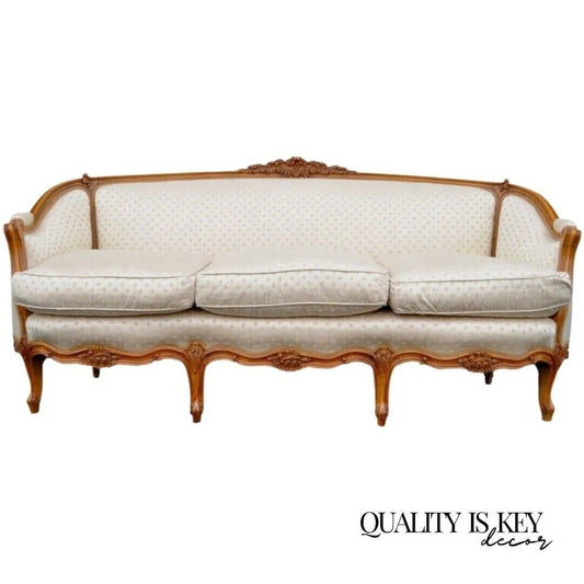 Antique French Louis XV Style Carved Walnut Gold Upholstered Sofa Canape