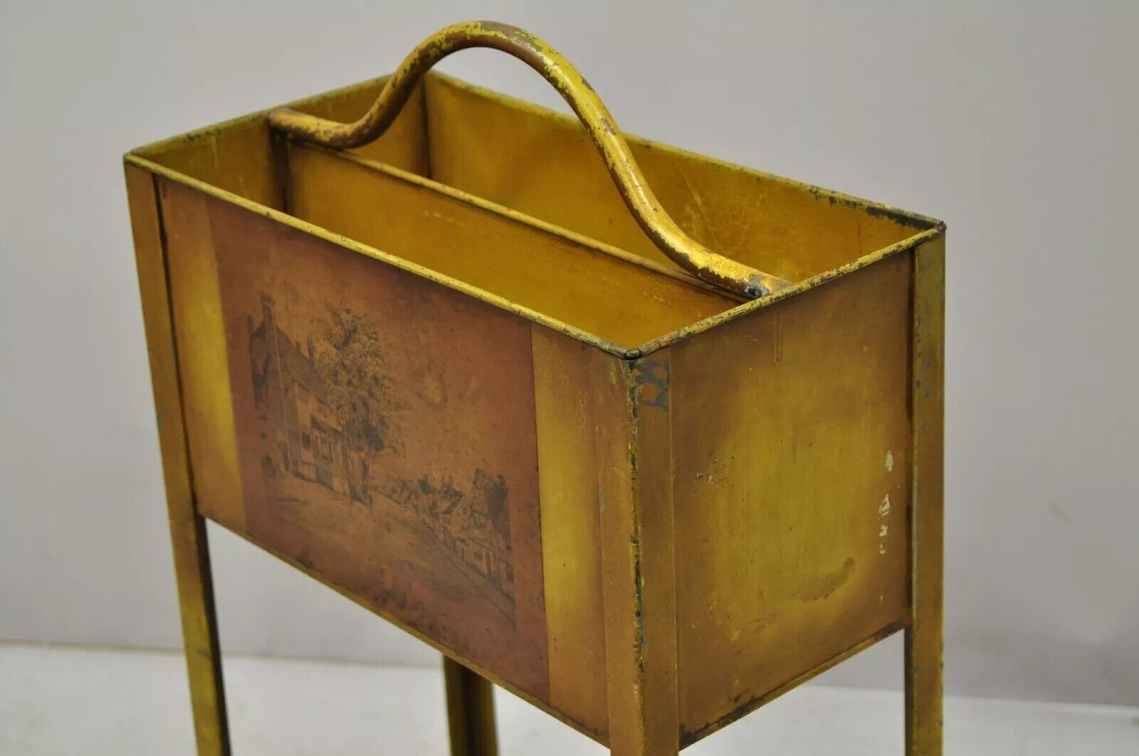 Antique Italian Metal Yellow Toleware Magazine Rack Stand Envelope Letter Shelf